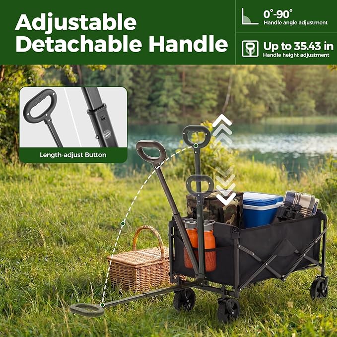 DUMOS Collapsible Wagon Cart, Heavy Duty Foldable Utility Wagon with Wheels – 220 lbs Capacity, Flexible Handle for Beach, Garden, Sports, Grocery & Camping, Black