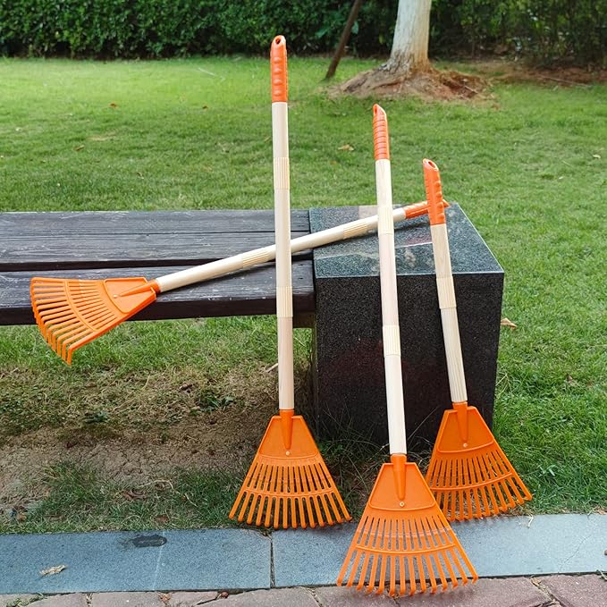 4Pcs Kid Rakes, 31" Child Size Plastic Lawn Rakes for Leaves Wooden Handle, Great Gardening Tools Gifts for Boys Girls Age 3 Year Old and Up