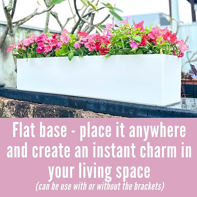 LaLaGreen Hanging Planter Boxes (2 Pack, 40") Extra Large White Rectangular Window Flower Box with Bracket Self Watering System Railing Planters for Outdoor Plant Pot Container Deck Rail Fence Balcony