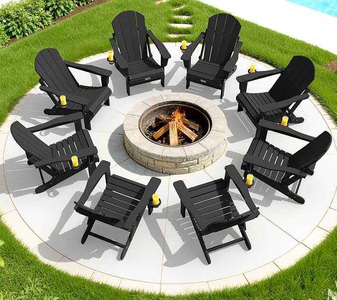 SERWALL Folding Adirondack Chairs Set of 6, Patio Chairs Lawn Chair Outdoor Adirondack Chair with Cup Holder, Weather Resistant for Patio Deck Garden, Backyard, Fire Pit - Black