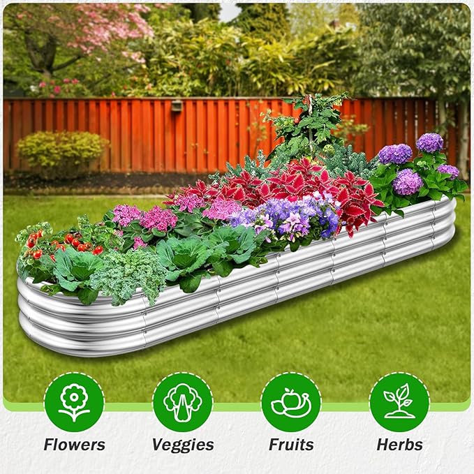 RAYKEEP Galvanized Raised Garden Beds, 8x2x1ft Outdoor Raised Garden Boxes, Oval Large Bottomless Metal Elevated Garden Bed Planter Box for Vegetables, Fruits, Flower