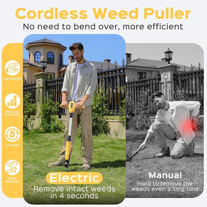 Weed Puller Tool, 21V Powerful Electric Weeder Tool with 2.0Ah Battery and Charger, Garden Tools Weed Remover Tool with 3-Claw Steel Head for Smooth Weeding, Ideal Gifts for Men Women Mom Dad, Yellow