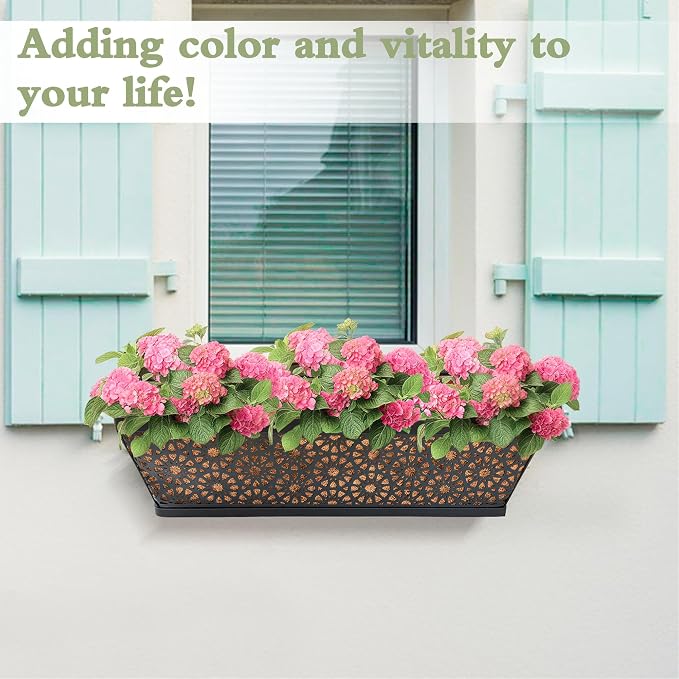 Black Metal Railing Planter Window Box (2 Pack, 24 Inch) Horse Trough Planter with Coco Fiber Liner Deck Balcony Rail Planters for Porch Fence Patio Outdoor Garden Décor