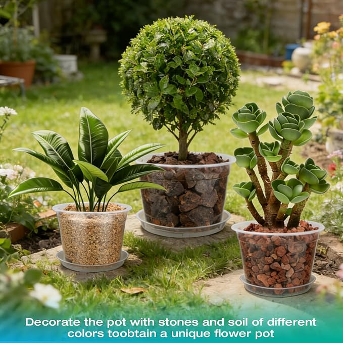 8/10/12 Inch Clear Nursery Pots with Drainage and Sacuers, 15 Pack Plastic Pots for Plants Indoor Outdoor, Variety Large Clear Pots for Flowers, Succulents (8/10/12inx5pcs)