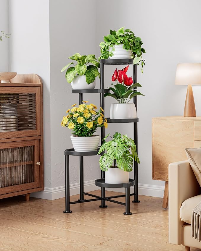 Kitsure Plant Stand Indoor & Outdoor - 5-Tier Plant Shelf with Deep Trays & Leveling Feet, Easy Assembly, Space-Saving Tiered Plant Stand for Bedroom, Living Room, Porch, Black