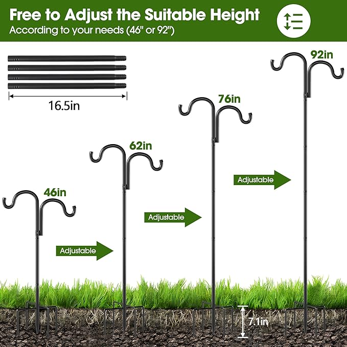 Double Shepherds Hooks for Outdoor, 92" Heavy Duty Bird Feeder Pole with 5 Prong Base, Adjustable Shepherds Hook for Bird feeders Outside, Garden, Weddings, Hanging Plants, 1 Pack, Black