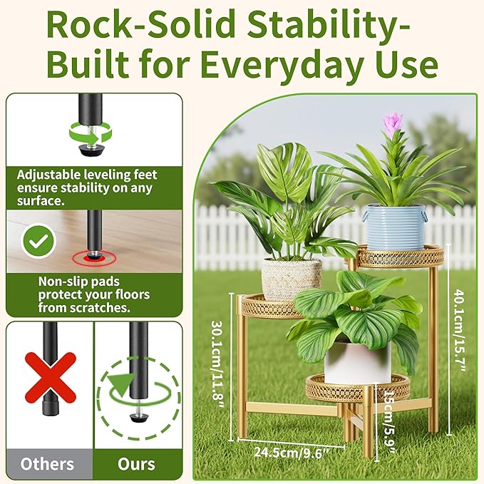 Metal Plant Stand Indoor Outdoor, 3 Tier Corner Plant Shelf for Multiple Plants, Gold Tiered Plant Stand, Heavy Duty Flower Holder, Folding Tall Rack for Garden Patio Balcony - GoldWave