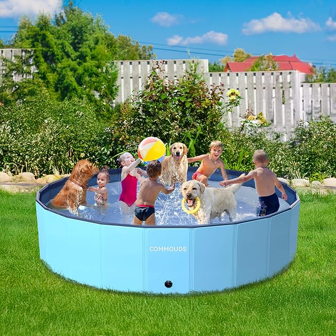 COMMOUDS 120 Inch Foldable Dog Pool, Extra Large Collapsible Hard Plastic Dog Kiddie Family Swimming Pool, Portable Pet Bath Tub Wading Pools for Kids and Puppy Small Medium Large Dogs