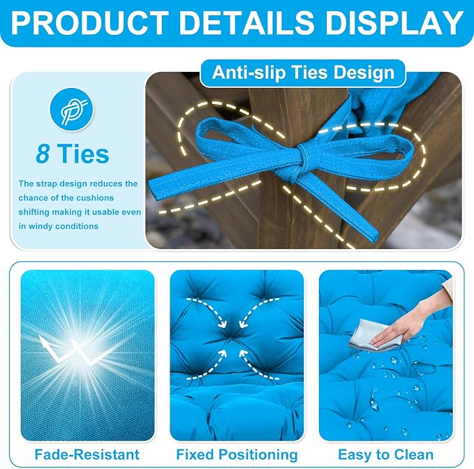 Porch Swing Cushions 48 inch Waterproof & Fade Resistant Thicken 5" Outdoor Swing Cushions 2 Seater Replacement with Backrest & Ties Patio Swing Cushions for Outdoor Furniture (Lake Blue)