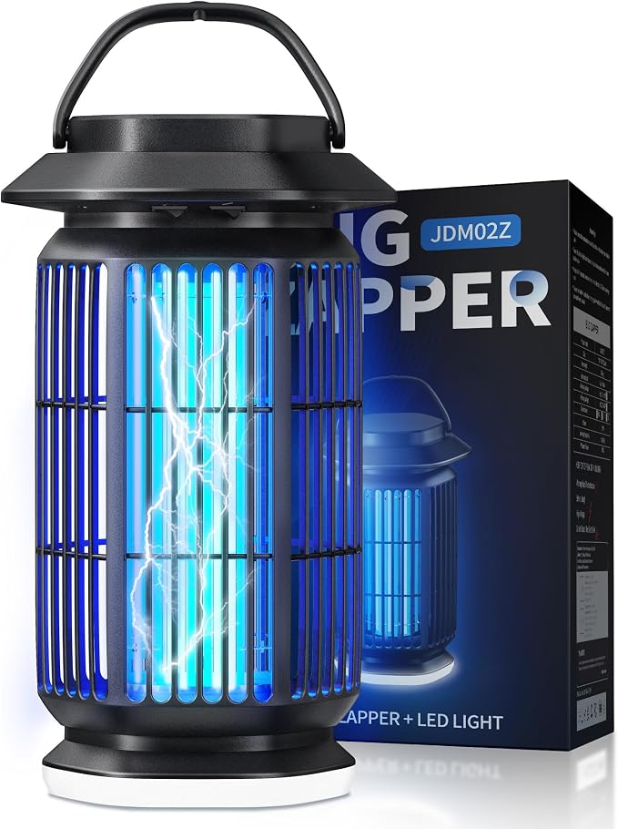 Bug Zapper Outdoor, 4000V Electric Mosquito Zapper, Fly Killer with Built-in Night Light, Insect Fly Trapper with Waterproof ABS Shell for Home, Patio & Garden, Indoor/Outdoor Use, Black