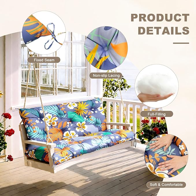 Porch Swing Cushion with Backrest,Waterproof Bench Cushion for Outdoor Furniture,2-3 Seater Replacement Thickened Swing Cushion with Ties,Patio,Outdoor,Backyard and Garden (Flower,60x40)
