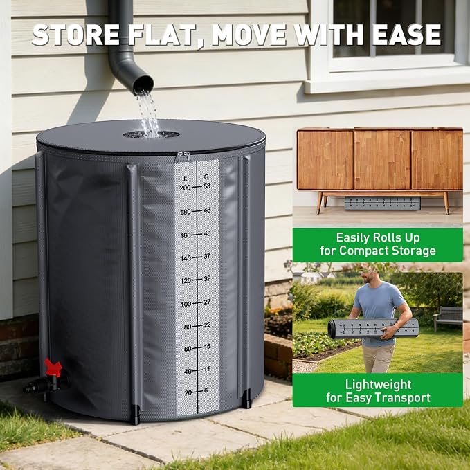 Yesker Collapsible Rain Barrel, 53 Gallon Portable Rainwater Collection System, 550D PVC Water Storage Tank, Rain Catcher with Spigots Filter Overflow Kit, Grey