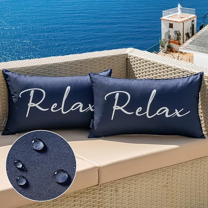 MIULEE Outdoor Waterproof Throw Pillow Covers Set of 2 Relax Decorative Outdoor Rectangular Pillowcases for Chair Patio Garden Couch Tent Balcony Sofa Navy Blue 12x20 Inch