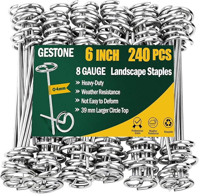 240 PCS Landscape Fabric Staples Pins,Thickened 8 Gauge Circle Top Landscape Fabric Stakes, 6 inch Galvanized Weed Barrier Stakes Pins with Removal Tool, Garden Staples for Weed Barrier Fabric