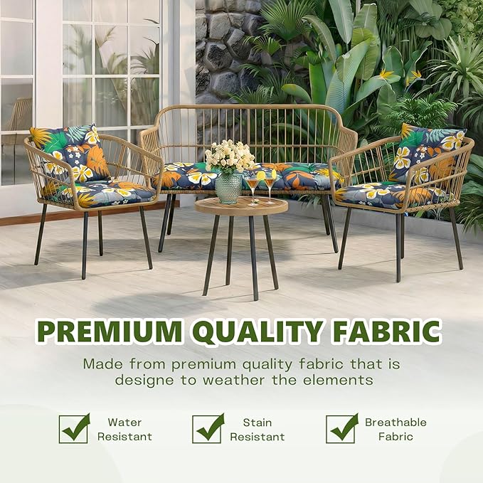 Wicker Chair Cushions Set, 2 U-Shaped Cushions & 1 Loveseat, Waterproof Outdoor Loveseat Cushion for Patio Furniture, Settee Bench Pad All Weather,Flower