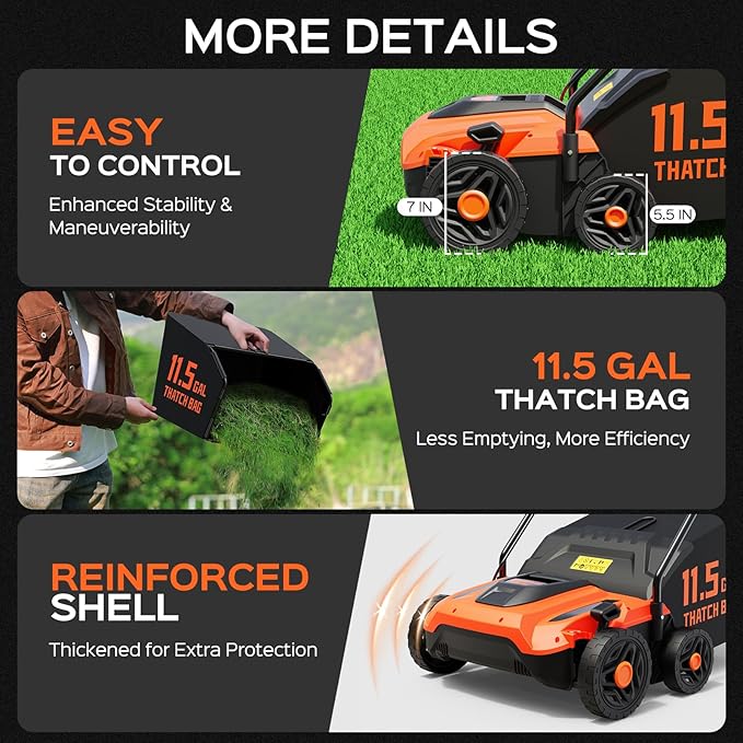 TIECTOWN 14-Inch 13.5 Amp 2-in-1 Electric Dethatcher and Scarifier with 11.5-Gallon Collection Bag, Lawn Dethatcher with 5-Position Depth Adjustment, Blade Replacement Without Tool - Orange