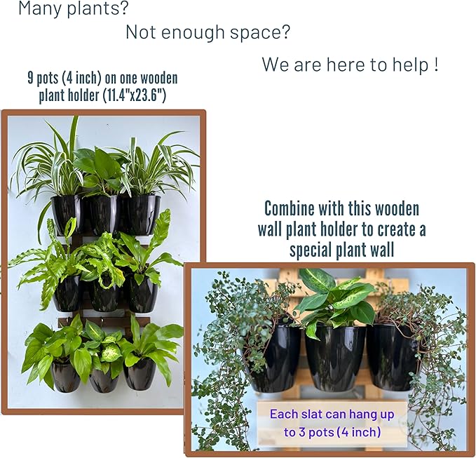 ShopLaLa Bundle - 4 Inch Black Self Watering Pots x 10 Pack+ Wooden Plant Holder, Indoor Vertical Wall Garden, Living Plant Wall Herb Garden Vertical System, Wall Mount Hydroponic Wall Pots