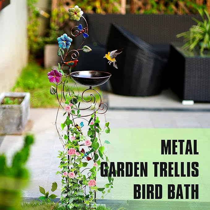 YYWMWM Metal Bird Bath with Trellis for Outside, 57” Height Birdbaths & Supports, Small Garden Decorative Trellises for Climbing Flowers Outdoor (Dragonfly)