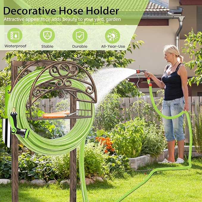 TomCare Garden Hose Holder Upgraded Detachable Water Hose Holder Thick Metal Hose Hanger Heavy Duty Free Standing Garden Hose Storage Hose Stand Decorative Hose Organizer for Outside, Bronze