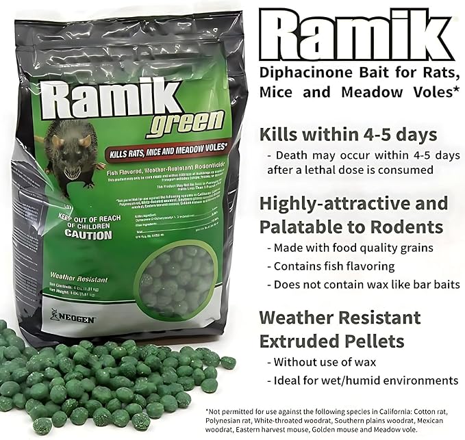 Neogen Ramik Green Fish Flavored Weather Resistant Rodenticide Nuggets, 4 lb bag (00615)