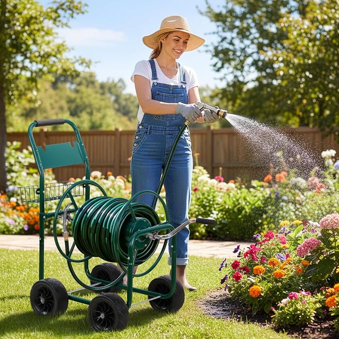 Outvita Garden Hose Reel Cart, Heavy Duty Water Hose Cart for Outside, Lawn Watering, for Garden, Yard, Lawn, Farm, Hold Up to 300 ft of 5/8’’ Hose, 4 Wheels, Storage Basket (Green)
