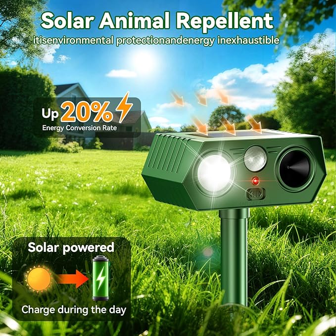 Ultrasonic Animal Repellent Outdoor witht Motion Sensor&LED Strober Ligh Cat Deterrent Outdoor Deer Repellent Device to Scare Fox Dog Raccoon Squirrel Skunk Rabbit (2-Pack)