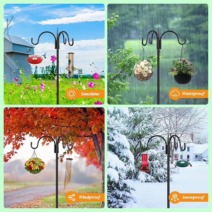 FEED GARDEN Heavy Duty Shepherds Hook 92" Triple Hooks - Metal 5-Prong Base, Adjustable (44/60/76/92") - 15lb Capacity Bird Feeder Pole for Hanging Plants, Solar Lanterns, Wind Chimes, 1 Pack