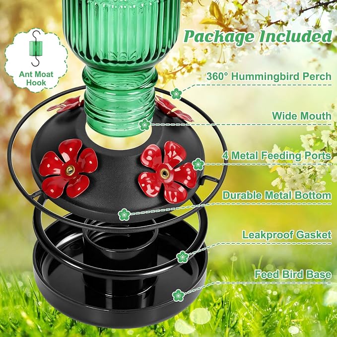 FEED GARDEN Glass Hummingbird Feeder, 16oz Outdoor Hanging Bird Feeder with Ant Moat, 4 Bee-Proof Feeding Ports, 360° Perch, Leak-Proof, Green