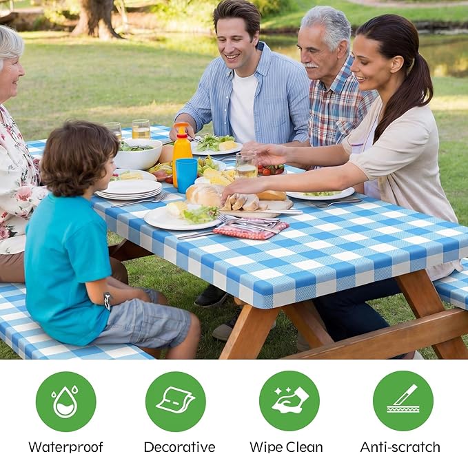 Picnic Table Cover with Bench Covers, Fitted 6ft Waterproof Tablecloth Set for Outdoor Camping & RV - Includes 1 Table Cover & 2 Bench Covers with Drawstring Storage Bag, 30"x72", White Blue Grid
