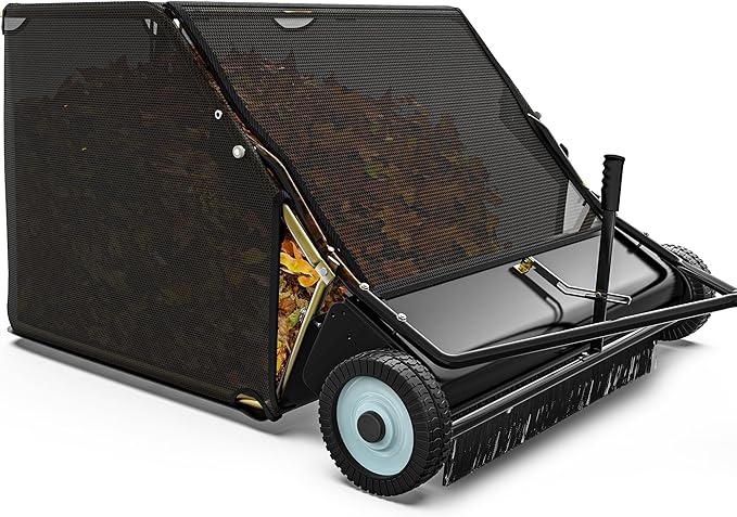 YINTATECH Tow-Behind Lawn Sweeper,42" Pull Behind Heavy-Duty Garden Sweeper with Hopper Bag,Grass Collector,Adjustable Brush Height,Anti-Splash Cover,Dumping Rope from Seat Handle for Yard Lawn