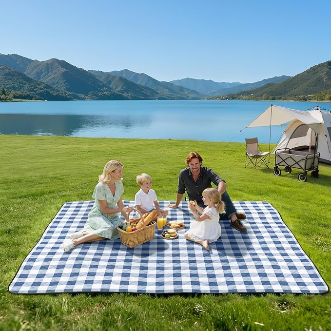 TigeJoy Extra Large Picnic Blanket Waterproof Foldable 80''x118'', Outdoor Picnic Mat Beach Blanket Sandproof for Park, Grass, Travel, Hiking, Camping Essentials, Gingham Picnic Blanket
