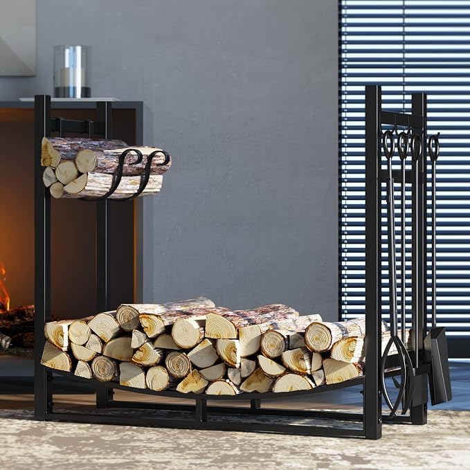 Fire Beauty Fireplace Log Rack with Kindling Holder and Firewood Storage - Includes 4 Tools (19.8")