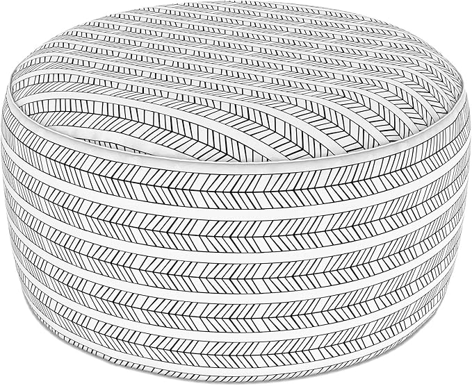 LVTXIII Indoor/Outdoor Large Inflatable Ottoman Pouf D31 x H14 Inch, Round Footstool with Handle, Weather-Resistant Portable Furniture for Patio, Camping, Beach, Herringbone Black White
