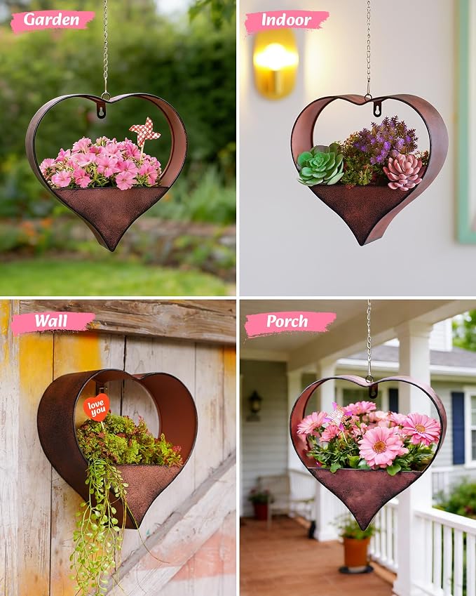 Metal Plant Hangers Indoor and Outdoor:Birthday Gifts for Mom Women Her Wife Garden Lovers - Heart Shape Hanging Planters for Window Wall Living Room Office Decor(Rustic)