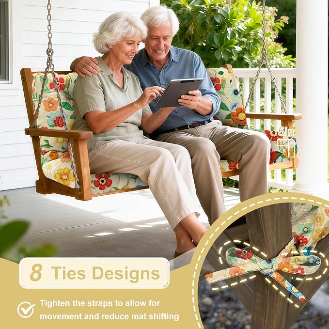Porch Swing Cushions Outdoor 40 inch x 40 Waterproof Swing Cushions 3 Seater Replacement with Backrest & 8 Ties 5" Thick Bench Swing Cushions for Outdoor Furniture Patio(Floral Pattern)