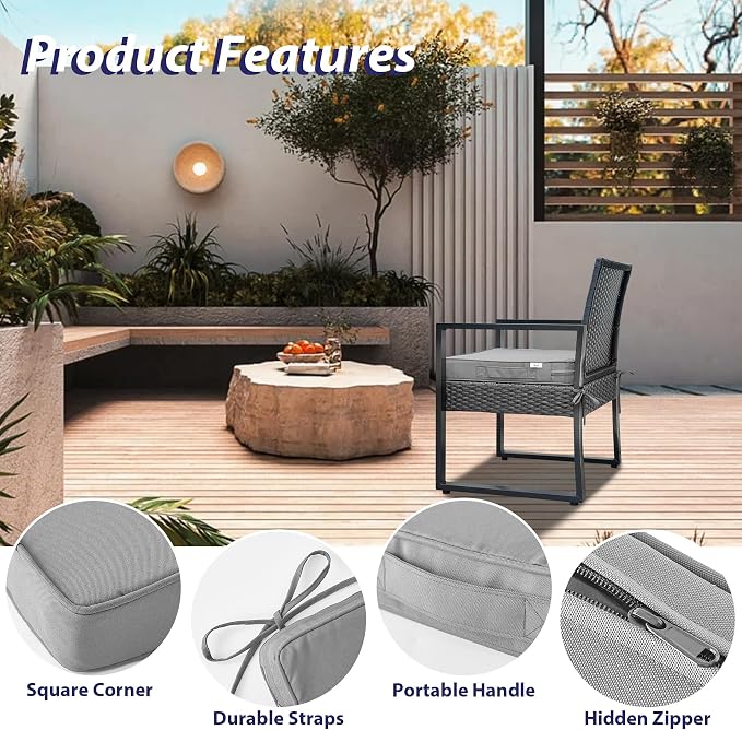 IPYNBAP Outdoor Chair Cushions Set of 4 -Waterproof Outdoor Seat Cushions for Patio Furniture, Patio Chair Cushion with Handle and Ties, Out Door Chair Pads,19x19x3-Square, Grey