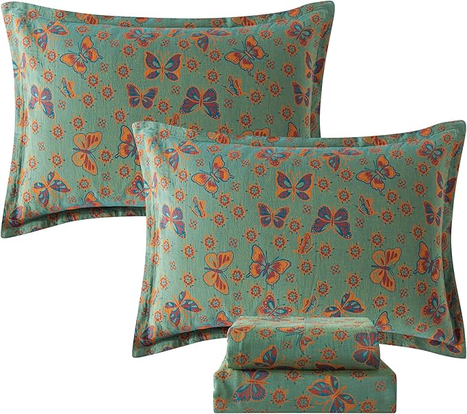 FADFAY Butterfly Sheets Set Queen Vintage Green Red Floral Bedding Shabby Farmhouse Bedding Super Soft Washed Double -Layer Muslin Sheets 100% Cotton Deep Pocket Fitted Sheet 4Pcs, Queen Size