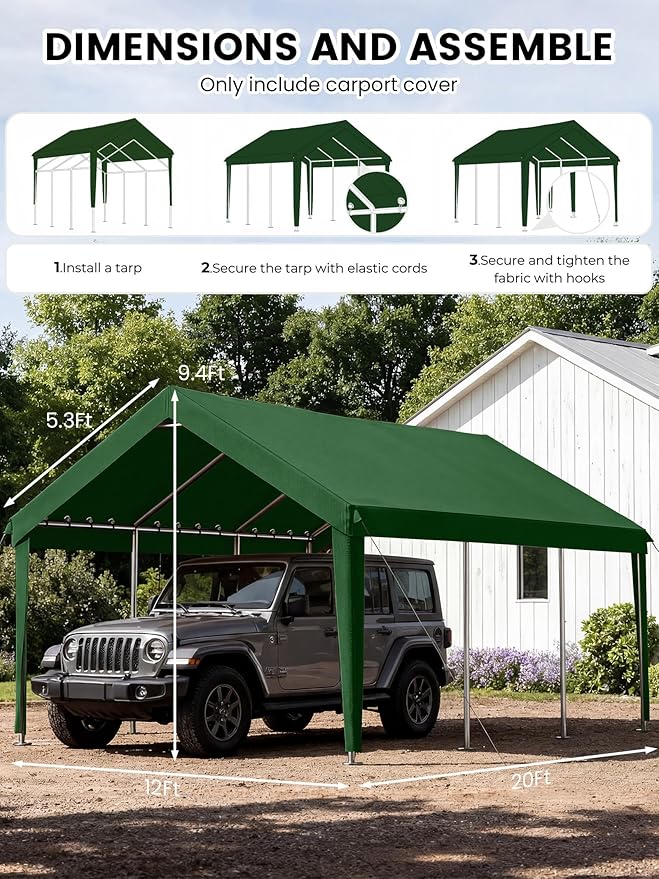 12 x 20 Ft Carport Replacement Cover, Heavy Duty Outdoor Car Tarp Canopy, Waterproof & UV Protected Tear Oxford Tarp with Ball Bungees (Frame is Not Included)