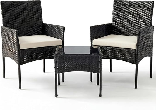 Sweetcrispy 3 Piece Patio Furniture Set, All-Weather Outdoor Wicker Bistro Set with Removable Cushions & Tempered Glass Table, Small Conversation Seating for Porch, Balcony, Deck, Backyard, Black