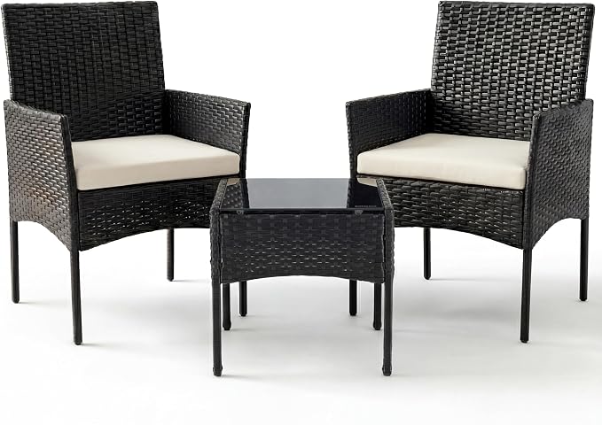 Sweetcrispy 3 Piece Patio Furniture Set, All-Weather Outdoor Conversation with Removable Cushions & Tempered Glass Table, Small Wicker Bistro Set for Balcony, Porch, Backyard, Deck, Black