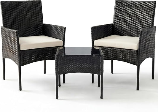 Sweetcrispy 3 Piece Patio Furniture Set, All-Weather Outdoor Conversation with Removable Cushions & Tempered Glass Table, Small Wicker Bistro Set for Balcony, Porch, Backyard, Deck, Black