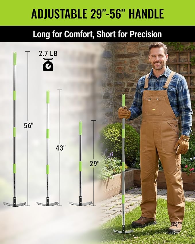 WORKPRO Weed Puller Tool with Long Handle – 2-in-1 Garden Hoe & Weed Rake, 29"-56" Adjustable Manual Weeding Tool, Uprooting Weed Remover Gardening Weeder Tools for Yard, Lawn, Patio and Garden
