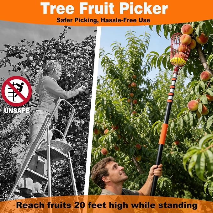 26FT Reach Fruit Picker Pole with Basket Telescoping,5-20FT Fruit Picker Pole with Basket, Apple Picker with Telescoping Long Handle, Fruit Grabber with Sturdy & Adjustable Aluminum Pole for Orange