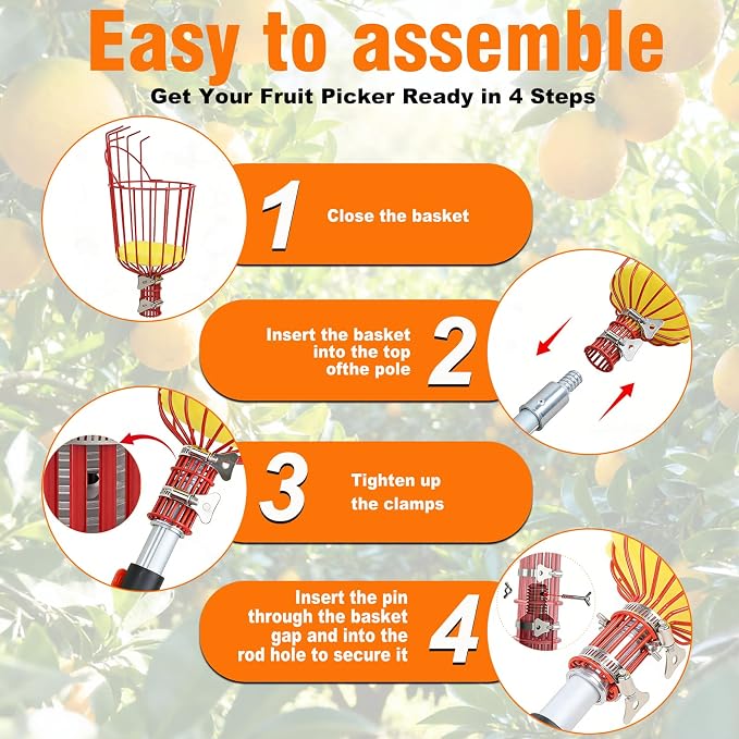 26FT Reach Fruit Picker Pole with Basket Telescoping,5-20FT Fruit Picker Pole with Basket, Apple Picker with Telescoping Long Handle, Fruit Grabber with Sturdy & Adjustable Aluminum Pole for Orange