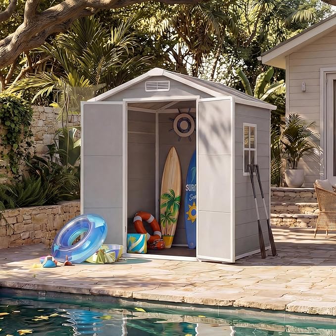 Resin Outdoor Storage Sheds 4x6 ft, Upgraded Double-Wall Outdoor Plastic Shed with Window & Double Doors, Waterproof Lockable Garden Shed (Light Gray, 6 X 4 ft)