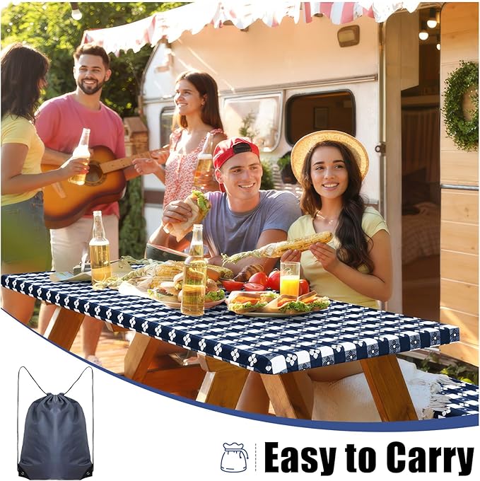 Smiry Picnic Table Cover with Bench Covers, Waterproof Elastic Fitted Tablecloth for 5 Foot Tables, Washable Polyester Tablecloths for Camping & Indoor (Dark Blue & White, 30x72 Inch 3-pc Set)