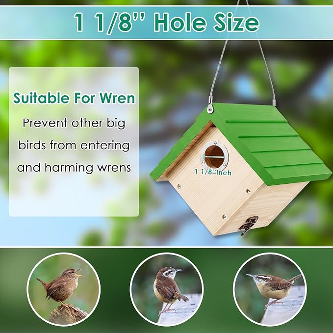 Dreyoo 2 Pack Wren House, 1-1/8'' Entrance Hole Hanging Wooden Wren Bird Houses for Outside with Metal Guard, Air Vents, Pine Wood for Chickadees (Green,Wood Color)