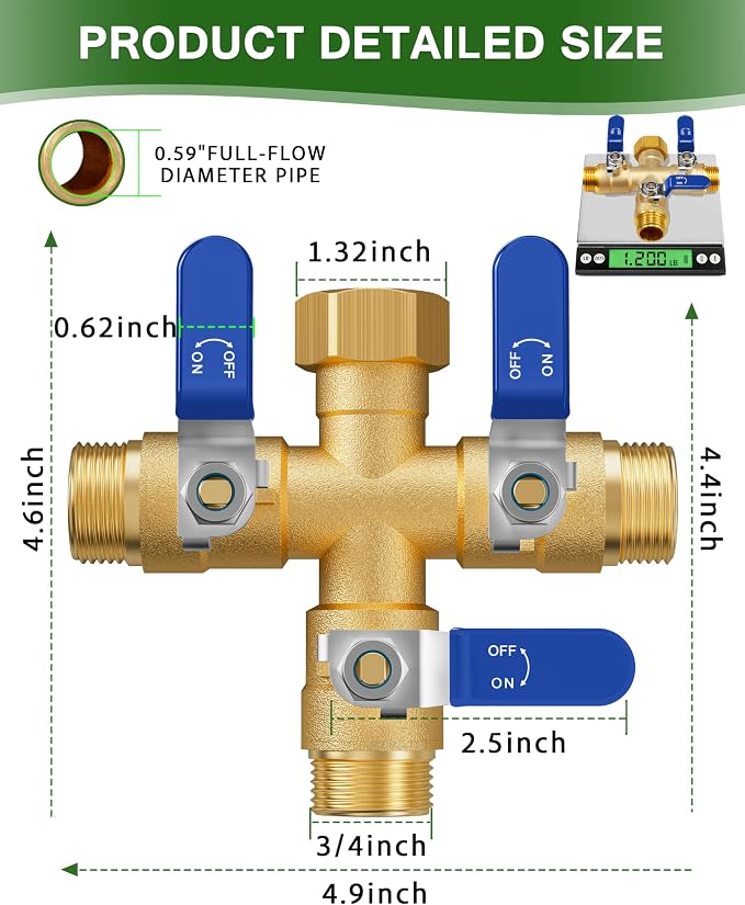 Garden Hose Splitter, 3 Way Heavy Duty Brass hose splitter, Water Hose Bib Spigot Splitter with 0.59" Full Flow Ball Valve Outlet & Shut-Off Valve 3/4'' Connector Outdoor Water Faucet Adapter（Blue）