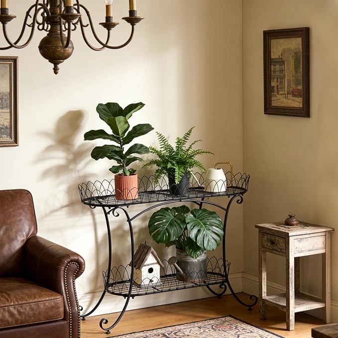 Black Two-Tier Plant Stand with Ornate Edge, 39-inch Long Top Shelf & Waistline Legs, Pots Stand, Fantastic Garden Decor for Indoor Outdoor Use