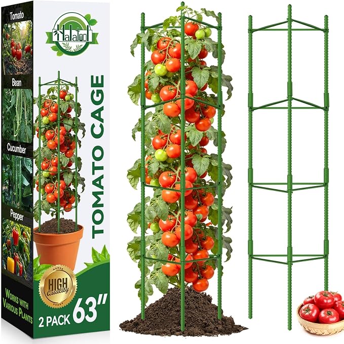 Halatool 2 Pack Tomato Cages for Garden, Up to 63 inch(5.2FT) Adjustable Tall Tomato Cage,Garden Stakes Tomato Trellis for Pots,Tomato Plant Support for Raised Garden Bed &Vegetables Flowers(Green)